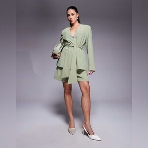 ASOS DESIGN tie waist collarless blazer in pistachio